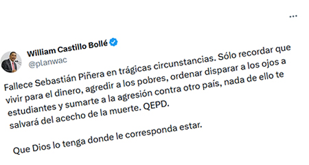 Ministro chavista emite mensaje de odio tras muerte de Sebastián Piñera: 